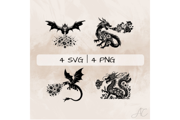 Dragon SVG Bundle, Floral Dragon PNG