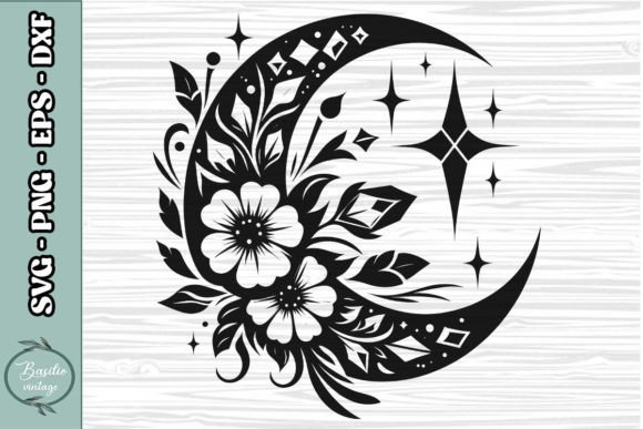 Floral Crescent Moon SVG Clipart 01