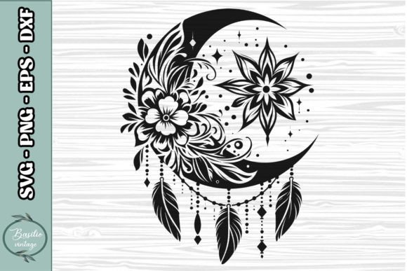 Floral Crescent Moon SVG Clipart 02
