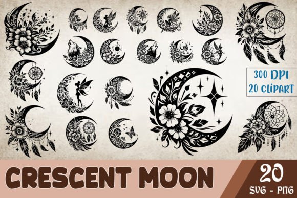 Floral Crescent Moon SVG Clipart Bundle